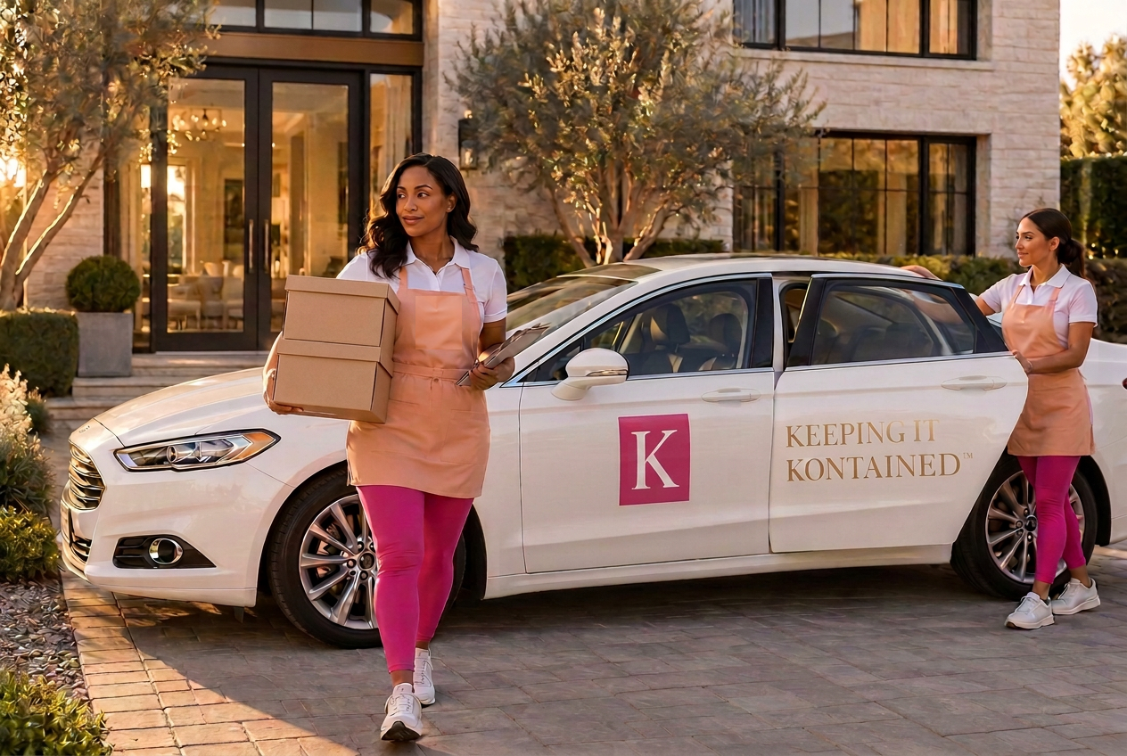 White Keeping It Kontained vehicle with a pink K badge pulling up the driveway of a luxury home as an organizer steps out with cartons