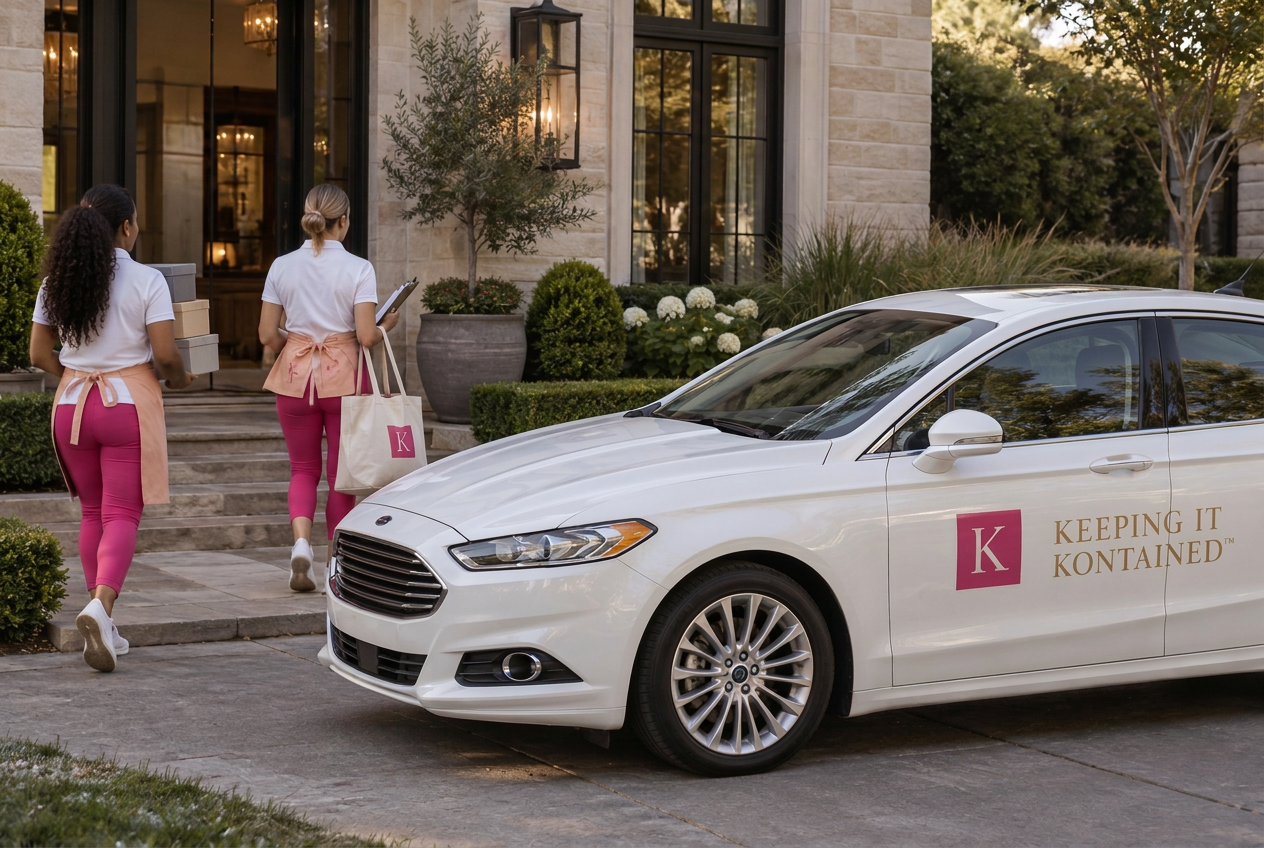 Two Keeping It Kontained organizers in uniform walking up the stone entry path from the car, one carrying cartons, one with a clipboard and a branded tote printed with the K