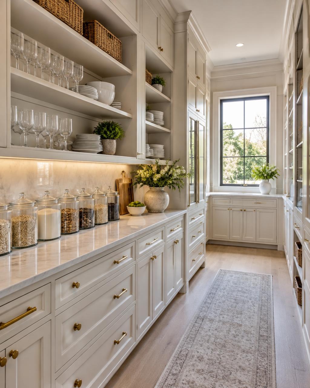 Beautifully organized butler pantry with glass canisters, crystal glasses, and neatly arranged shelves, without people