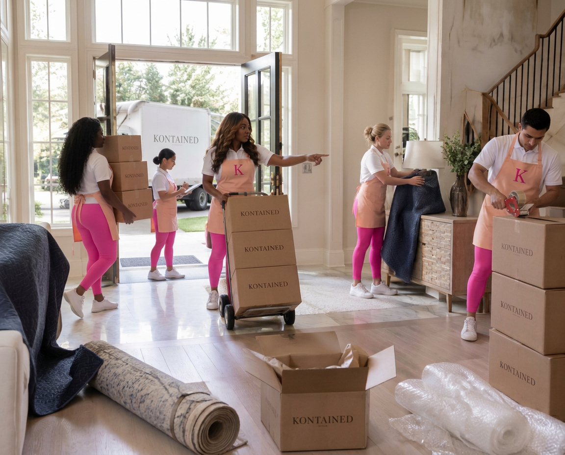 Keeping It Kontained team coordinating a move: carrying cartons printed KONTAINED, a loaded hand truck, a clipboard checklist at the open door, and a branded truck in the driveway