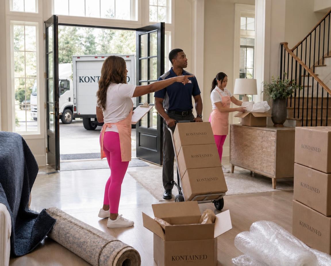 Keeping It Kontained organizer with a clipboard pointing where the cartons go while the mover beside her with a KONTAINED-loaded hand truck looks the same way, and another worker unpacks a lamp onto the credenza