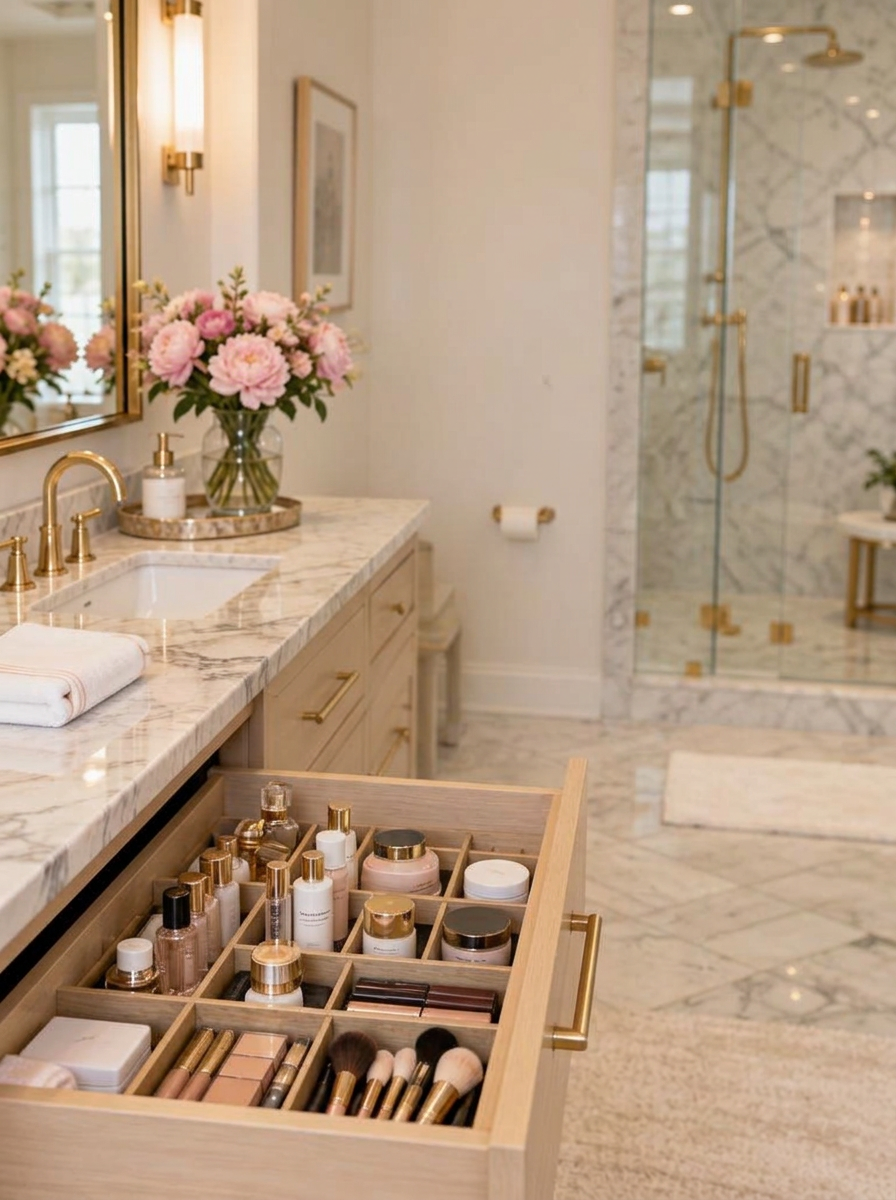 Organizer arranging skincare bottles and brushes in a bathroom drawer