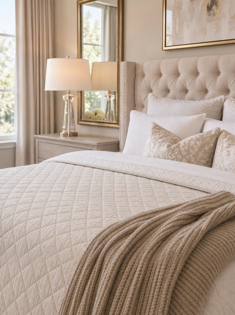 Organizer styling pillows on a made bed beside Keeping It Kontained boxes