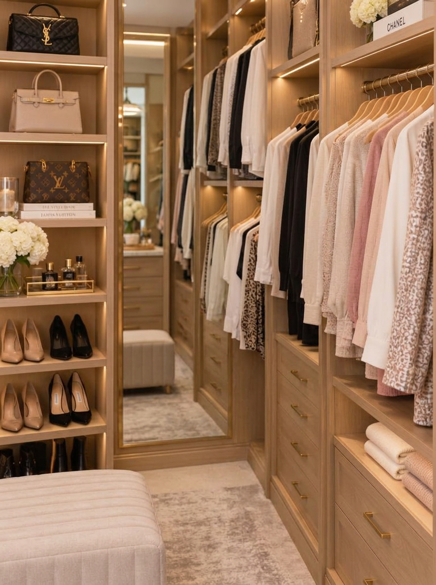 Organizer hanging clothes on wooden hangers in a walk-in closet