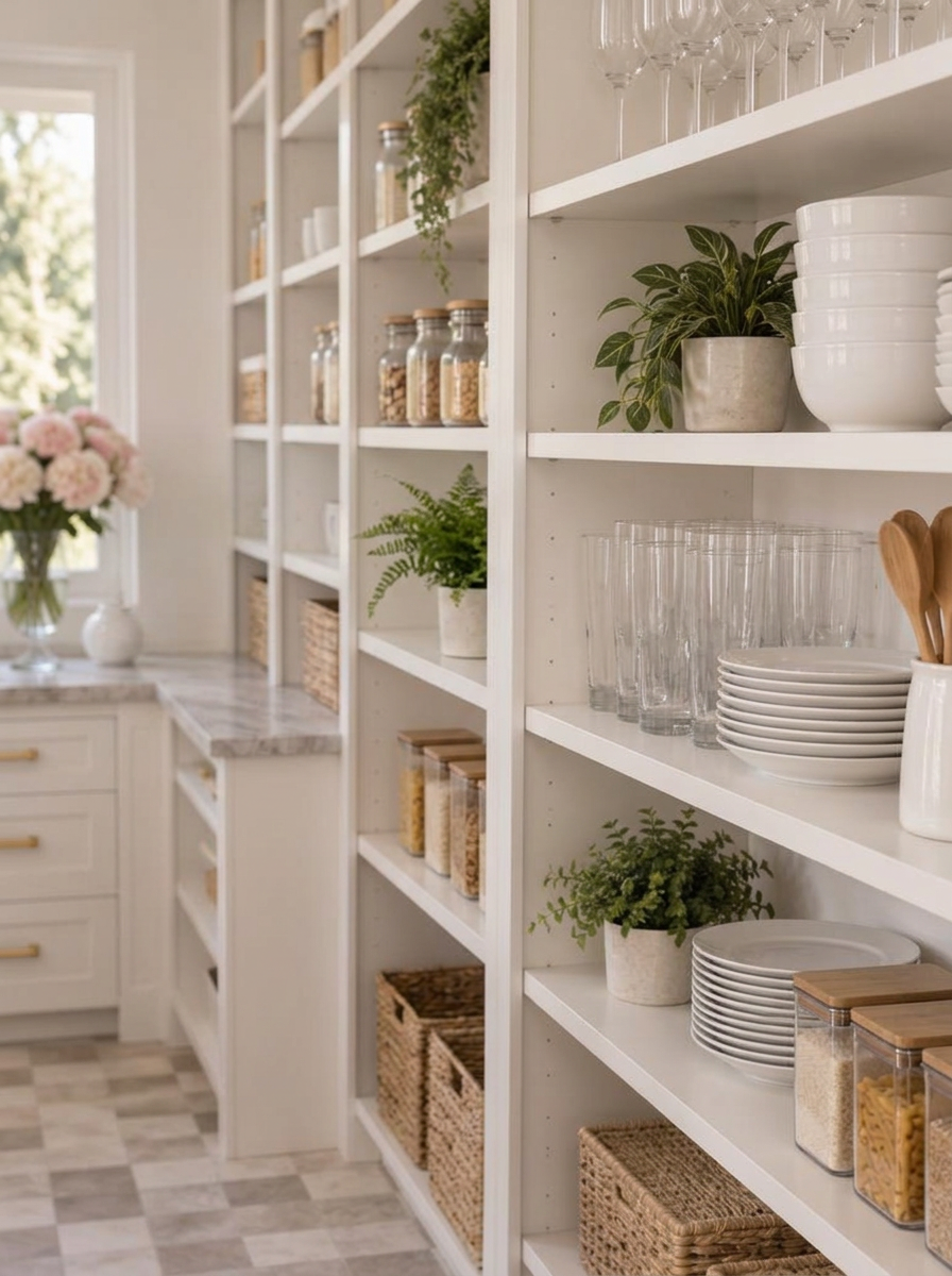 Organizer stacking white dinner plates in a luxury pantry